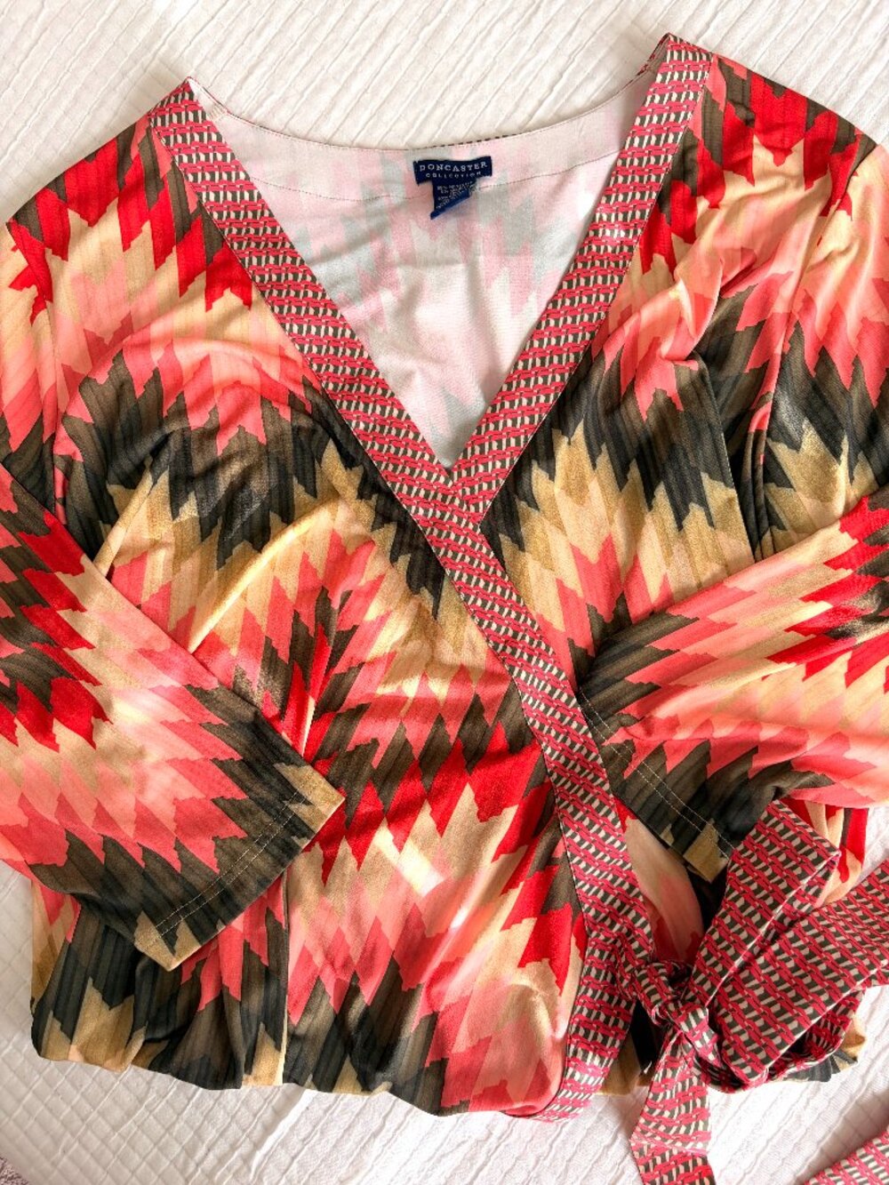 Doncaster Collection Wrap Dress Womens 20W Plus Red Geometric Chevron Belted